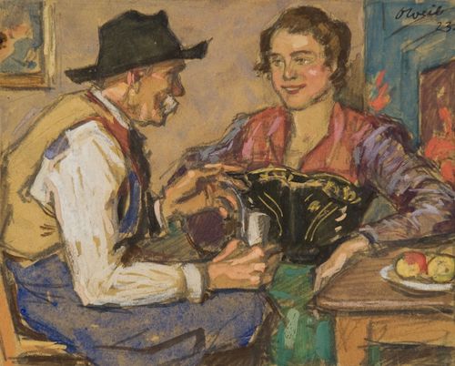 Otto Weil, Im Wirtshaus, 1923, Gouache auf Papier, 13 x 16 cm, Privatsammlung