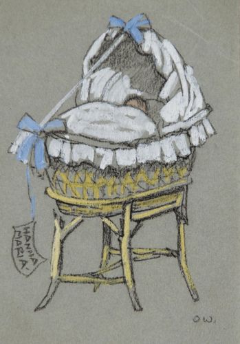 Otto Weil, Karte zur Geburt der Tochter Hanna Maria, 1924, Bleistift, Gouache auf Papier, 13 x 9 cm, Privatsammlung